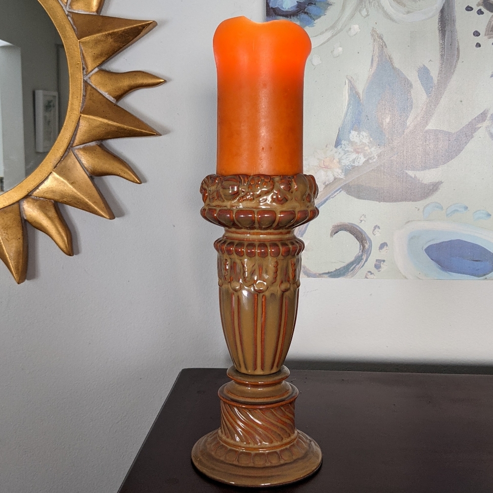 Candle Holder Bronze Orangey Toned Ceramic Vintage Harvest Theme